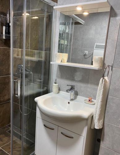 a bathroom with a sink and a shower at La Montaña apartman in Zlatibor