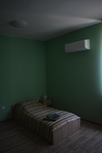 um quarto verde com uma cama no canto em Apartment Airport Sofia em Sófia