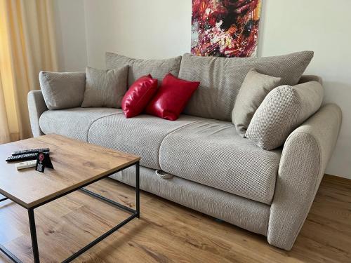 salon z kanapą i 2 czerwonymi poduszkami w obiekcie Apartments Mrdak w Barze