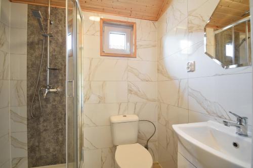 a bathroom with a toilet and a sink and a shower at Baltic Holidays in Gąski