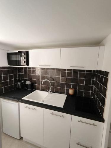 Il dispose d'une cuisine avec un évier blanc et un mur en carrelage noir. dans l'établissement Studio jardin Piscine climatisatisation accès plage, à Saint-Raphaël