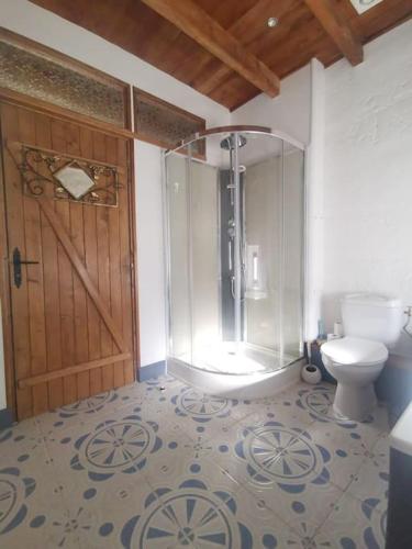 a bathroom with a shower and a toilet and a door at The Walnut tree. in Saint-Aulaye