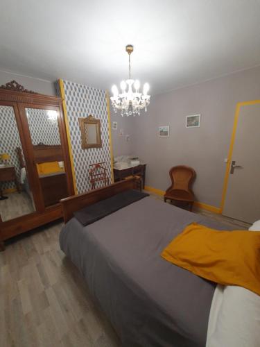 een slaapkamer met een groot bed en een kroonluchter bij Chez sylvie in Soyaux