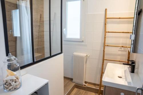 a bathroom with a sink and a mirror at Les Hirondelles By Nid'Ouest in Quimper