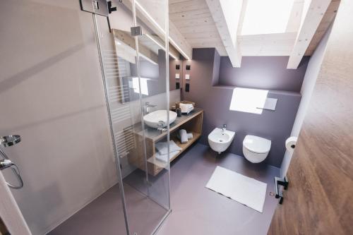 La salle de bains est pourvue de toilettes, d'un lavabo et d'une douche. dans l'établissement Flaschtal-Hof, à Nova Ponente