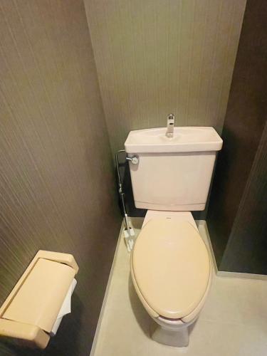 La salle de bains est pourvue de toilettes blanches et d'une poubelle. dans l'établissement MK STUDIO HONCHO l 本町, à Yokosuka