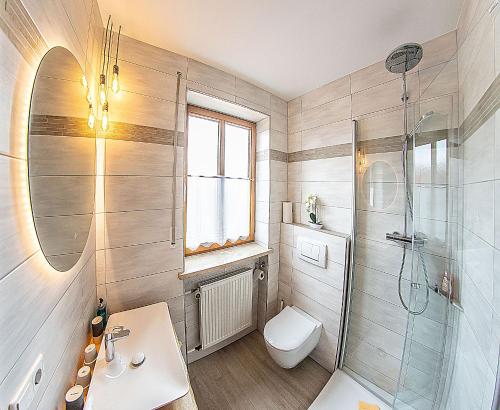 uma casa de banho com um WC, um chuveiro e um lavatório. em Gasthof Schneiderwirt, Kipfenberg OT Hirnstetten em Kipfenberg