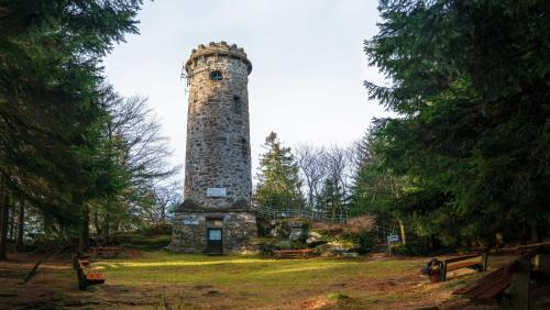a tall stone lighthouse sitting in a field at Leonfeldner-Hof in Bad Leonfelden
