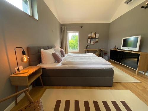 1 dormitorio con 1 cama grande y TV en Ferienhaus WICA, en Königs Wusterhausen
