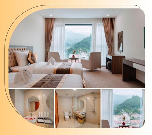 two pictures of a hotel room with a bed and a desk at YEN BIEN LUXURY HOTEL in Ha Giang