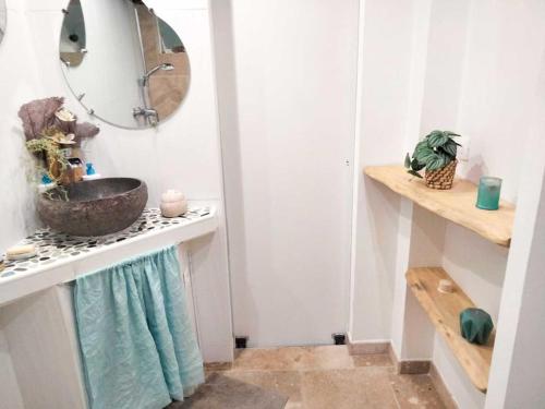 a bathroom with a sink and a mirror at Appartement au rez-de-chaussée in Souillac