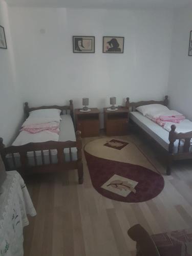 a bedroom with two beds and a rug on the floor at VILA MILA SOKOBANJA in Soko Banja