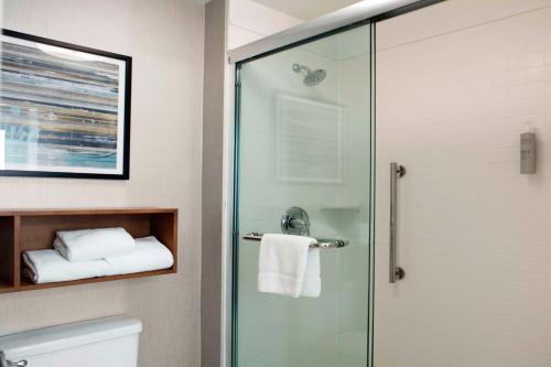 a glass shower door in a bathroom with a toilet at Homewood Suites by Hilton St. Louis - Galleria in Richmond Heights