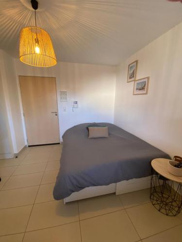 um quarto com uma cama, uma mesa e uma luz em Le Cocon des Thermes Amneville Metz Luxembourg em Amnéville