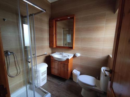 een badkamer met een wastafel, een toilet en een douche bij Serene apartment in Haz-Zebbug in Taʼ Srina