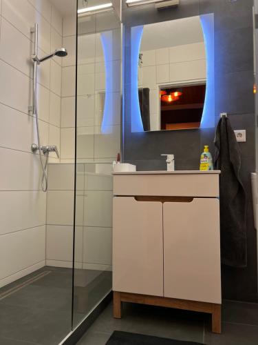 uma casa de banho com um chuveiro, um lavatório e um espelho. em fichtel.flat em Mehlmeisel