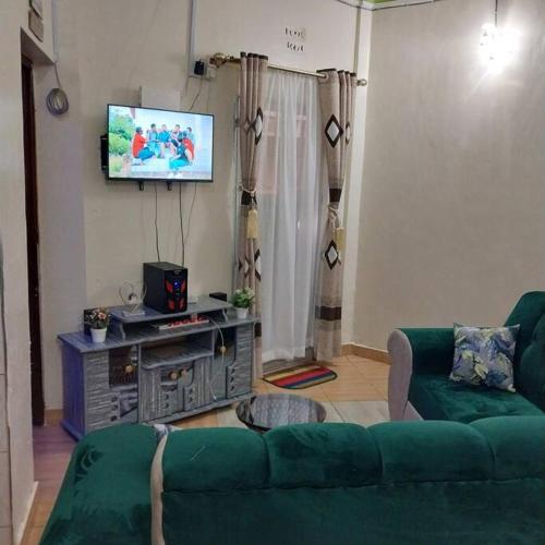 ein Wohnzimmer mit einem grünen Sofa und einem Flachbild-TV in der Unterkunft Aura's Airbnb in Busia