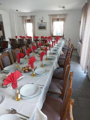 a long table with plates and red napkins on it at Turistično - Izletniška kmetija Žerjav in Brežice