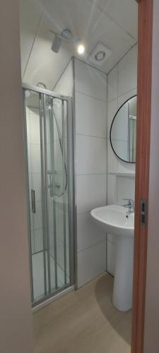 een badkamer met een glazen douche en een wastafel bij Strandhuisje in Voorthuizen