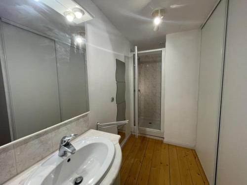 La salle de bains est pourvue d'un lavabo et d'un miroir. dans l'établissement Villa familiale piscine privée 6 personnes 6BJ21, à Saint-Estève