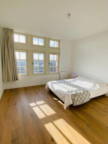 sypialnia z dużym łóżkiem w pokoju z oknami w obiekcie Super cozy appartement w mieście Marquette-lès-Lille