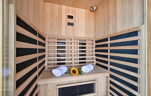 eine Sauna mit zwei Handtüchern und einer Sonnenblume in der Unterkunft Pet Friendly Home In Radovan With Sauna 