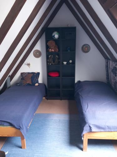 2 Betten in einem Zimmer mit Dachgeschoss in der Unterkunft Au tonneau bleu in Lembach