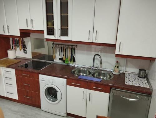 a kitchen with a sink and a washing machine at 3 hab 2 baños parking terraza in Soria