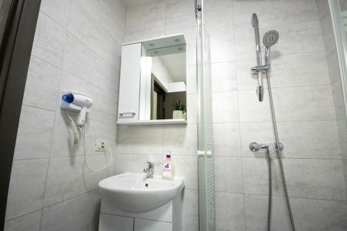 een badkamer met een douche en een wastafel bij AStar Apartments - SMALL in Rădăuţi