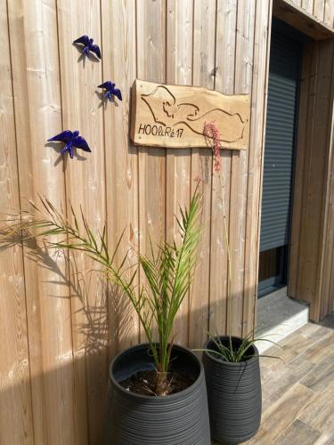 two potted plants in front of a fence with a sign at HOOliRé17 3étoiles in Ars-en-Ré