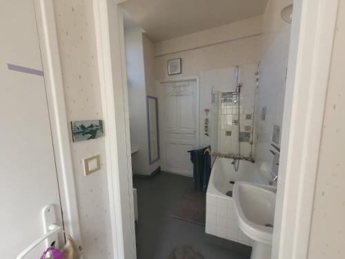 een badkamer met een wit toilet en een wastafel bij La Fenice Beauval in Saint-Aignan