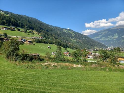 a green field with houses and mountains in the background at Apart Alpensonne in Zellberg