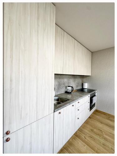 a kitchen with white cabinets and a sink at Apartaments in the city centre in Kaunas