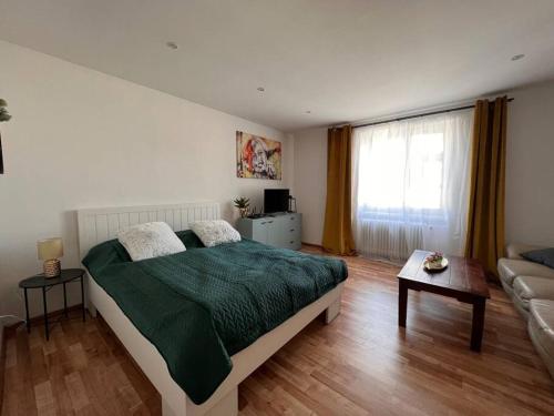 a bedroom with a large bed and a couch at Apartman centrum Šturka in Martin