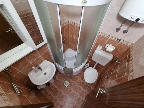 - une vue de tête sur la salle de bains pourvue d'une douche et de toilettes dans l'établissement Olimpijada 84 Pale, à Pale