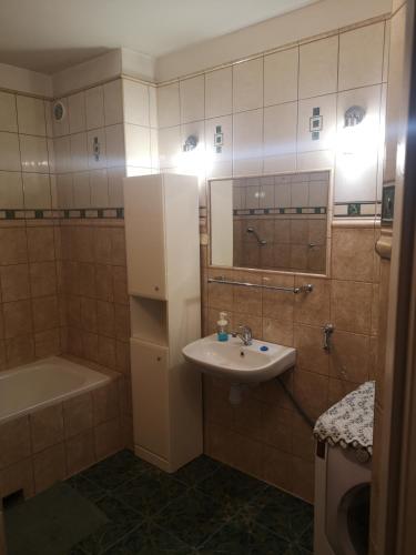 a bathroom with a sink and a bath tub and a sink at Apartament Fort Owcza Góra in Kłodzko