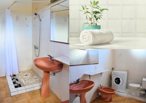 two pictures of a bathroom with a sink and a toilet at Villa Des Sources Chaudes in Bouillante