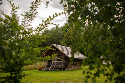 una baita di tronchi in un campo con alberi verdi di Biwak u Gazdy a Gosprzydowa