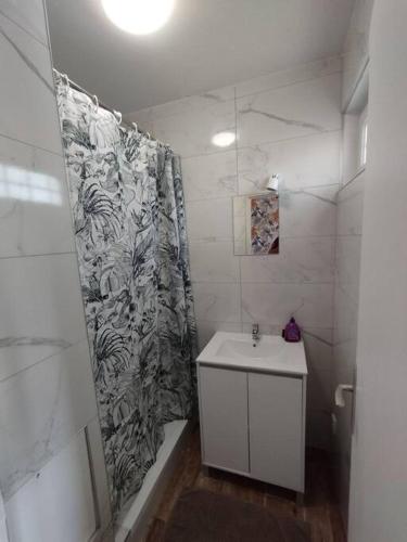 une salle de bain avec un rideau de douche et un lavabo dans l'établissement Le ptit nid de Louviers TV/Fibre, à Louviers