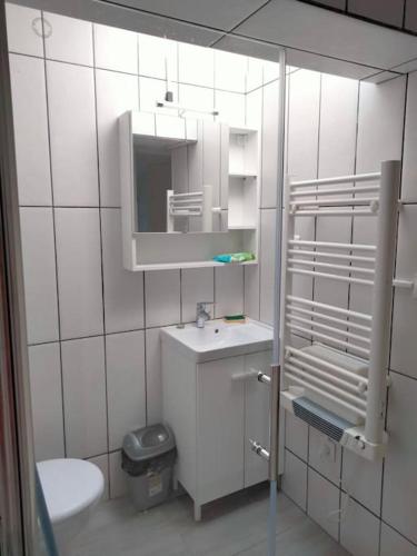 une salle de bain blanche avec un lavabo et un miroir dans l'établissement Maison indépendante 35m² classée proche d'Ylium., à Olonne-sur-Mer