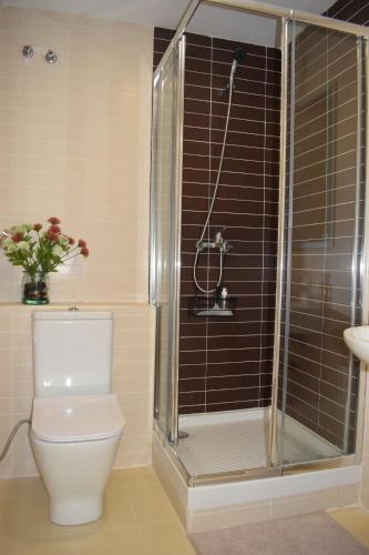 La salle de bains est pourvue d'une douche, de toilettes et d'un lavabo. dans l'établissement El Paraiso, à Tragacete