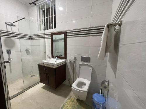 y baño con aseo, lavabo y ducha. en Dar Villa en Dar es Salaam