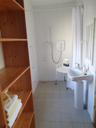 ein Bad mit einem Waschbecken und einer Dusche in der Unterkunft Patricia’s Country Cottage in Sligo