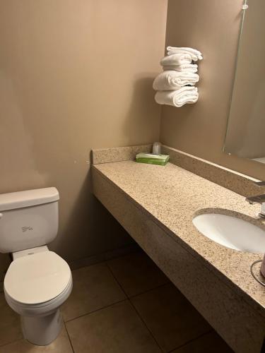 a bathroom with a toilet and a sink and towels at Cedar Inn in Lloydminster