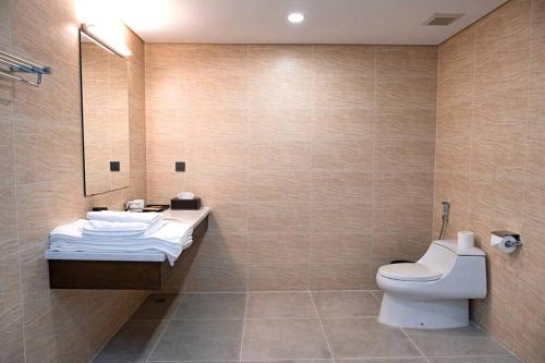 y baño con aseo, lavabo y espejo. en 1BR, 1 Sofa bed Luxurious 5-stars Flamingo Resort., en Phúc Yên