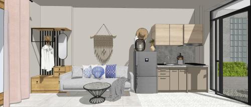 a drawing of a kitchen and a living room at BluMango Resort in Ierissos