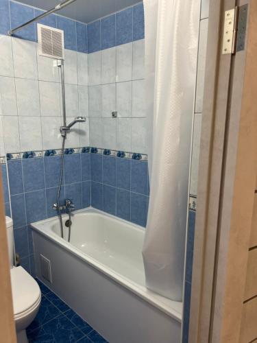 niebieska łazienka z wanną i toaletą w obiekcie бул. Шевченка 352, квартира-студія w Czerkasach