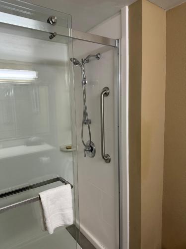 W łazience znajduje się prysznic ze szklanymi drzwiami. w obiekcie Best Western Plus Harrisburg East Inn & Suites w mieście Harrisburg