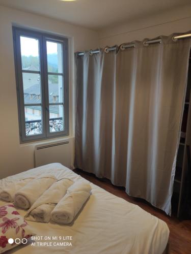 une chambre avec un lit et une fenêtre avec des rideaux dans l'établissement Réveil sur la tour, à Barcelonnette