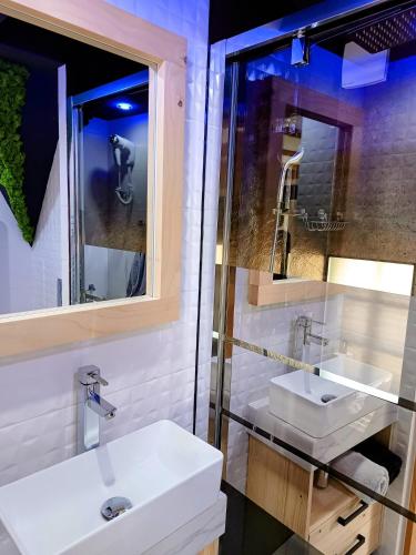 a bathroom with a sink and a mirror at Lux Houses w DOMKU tylko DWA APARTAMENTYz jacuzzi zewnętrznym in Groń